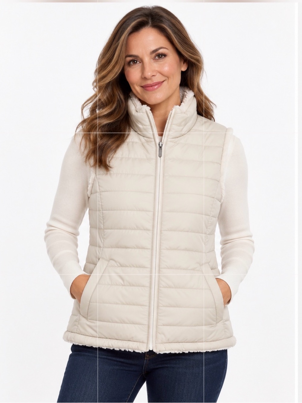 Nicole Miller Lt Cream Reversible Quilted Sleeveless Vest, Front Pockets Sz M